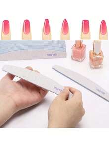 10pcs Crescent-Shaped 100/180 Grit Wooden Nail File Double-Sided Sandpaper Board, Washable & Reusable Nail Buffer Block, Nail Care Tool For Natural Nails, Home & Salon Use - White - View 10