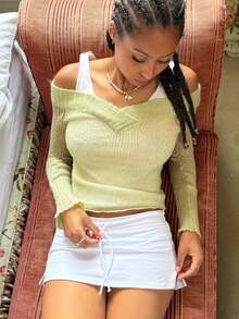 Women Y2k Mini Bodycon Skirt Solid Low Rise Drawstring Short Straight Skirts  Summer Going Out Streetwear - White - View 1
