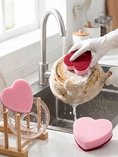 12pcs Double-Sided Heart-Shaped Kitchen Sponges, Valentine's Day Supplies, Red Double-Sided Dishwashing Sponges, Strong Degreasing Without Scratching, Suitable For Kitchen Cleaning, Dishwashing, Pot Cleaning, Bathroom Cleaning And Sink Wiping, Suitable For Household, Restaurant, Dishwashing Tools, Efficient Cleaning Pads, Home Cleaning Accessories