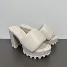 Women's Platform Chunky High Heel Slip On Sandal Shoe - 米色 - 查看 3