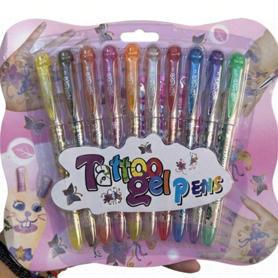 "Set de 10 Bolígrafos de Gel con Brillo para Tatuajes Temporales, Kit de Arte Corporal Lavable para Niños, Regalo Creativo DIY" - Multicolor - Ver 1