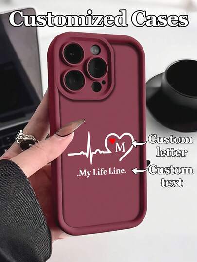 1pc Customizable Phone Case With ECG And Heart Pattern Design, Compatible With IPhone 17 Pro Max/17 Air/16E/15/14 Plus/13/12/11, A21S/S24/20 Ultra, Compatible With Redmi Note 13 Pro Plus, Made Of TPU Material, New Burgundy Color. This Design Combines "Heartbeat" And "Personalized Letter/Text", Very Suitable For Expressing Love, Commemorating Important People Or Moments, Applicable For Valentine's Day, Wedding, Birthday, Anniversary, An Ideal Gift For Family And Friends.