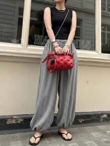 1pc Women's Casual Street Style Balloon Pants, Drawstring Harem Pants, Street Casual, College, Casual Gathering Fashion Item, Plaid Balloon Pants, Harem Pants, College, Holiday, Daily, Travel, Airport, Spring/Autumn - Grey - View 2