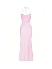 2026 New Arrival Women's European American Summer Dress - Sexy Strapless Sequin Satin Solid Color Backless Tie Hip-Hugging Long Dress - Hồng - Xem 5