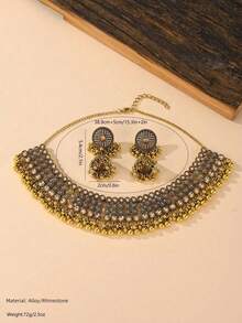 3件套复古南亚风格女士首饰套装，多层叠戴水钻项链耳环套装，适合女士日常或派对佩戴，宴会首饰礼品 - 古金色 - 查看 4