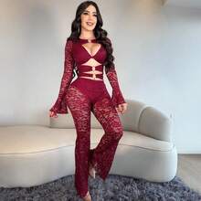 Women's Two-Piece Set Of Elegant And Fresh Temperament Simple Casual Solid Color Fashion Long-Sleeved Decorative Buckle Splicing Sexy Hollow Top Micro-Horn Micro-Perspective Trousers Two-Piece Set - Màu Đỏ Sâu - Xem 9