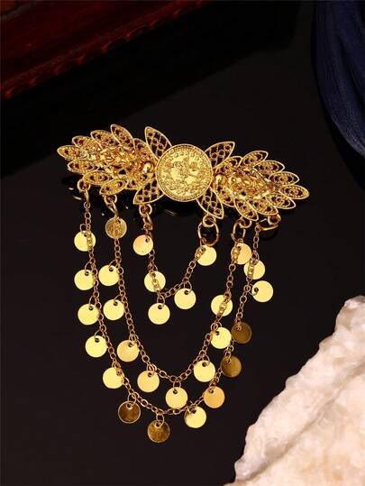 1pc Elegant Women's Hair Clip With Carved Floral Design, Metal Chain & Tassel Decor, Suitable For Parties, Weddings, Jewelry Accessory (Random Quantity Of Round Pendant Charms)