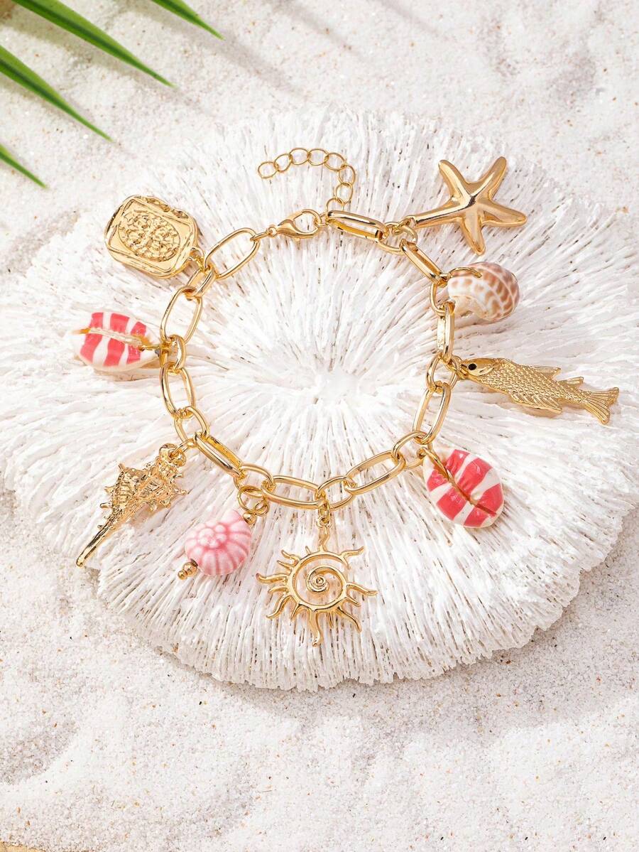 1pc Summer Beach Shell & Starfish Pendant Bracelet, Ocean Theme Boho Style Faux Pearl Marine Life Charm Bracelet, Suitable For Daily Outfit, Beach, Travel, Photography, Vacation - Starfish and Conch Bracelet - View 1