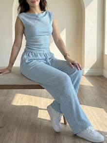 女士新款圆领无袖T恤和松紧腰宽松裤两件套，休闲日常穿着，春夏款 - 淺藍色 - 查看 4