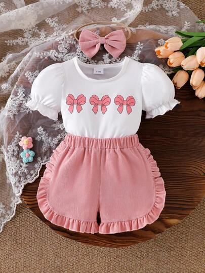 3件套女婴蝴蝶印花荷叶边短袖T恤上衣和荷叶边粉色短裤，配蝴蝶结发带