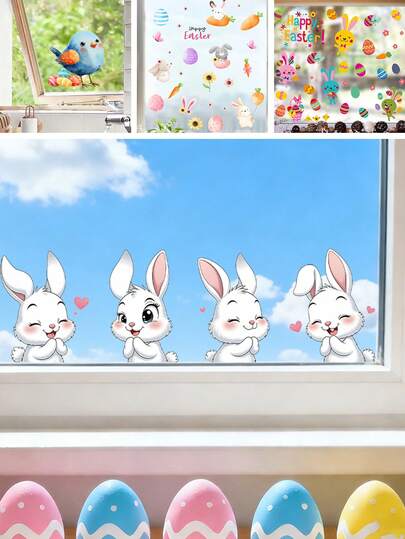 BRUP 1/2 张复活节快乐窗贴，适用于婴儿房、兔子和复活节彩蛋墙贴、可爱兔子儿童房贴纸、春季儿童窗贴、复活节汽车家居教室装饰