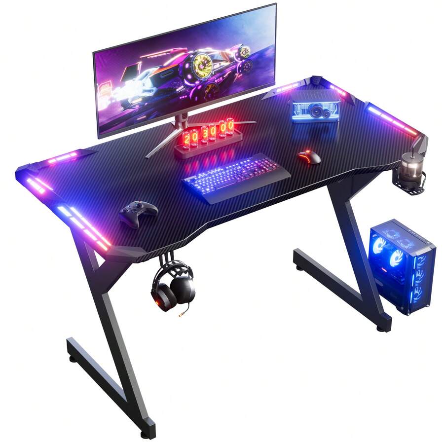 HLDIRECT Gaming Desk With LED Lights, Ergonomic Computer Gaming Table With Carbon Fibre Surface, Sturdy PC Workstation Desk For Gaming And Home Office With Headphone Hook, Cup Holder, Black - 黑色 - 查看 1