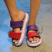 女士厚底极简时尚多巴胺涂鸦印花魔术贴凉鞋 - 中紫紅色 - 查看 3