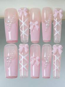 CrystalHola Valentine's Day : 10 Handmade Press-On Nail Stickers, French Square Long Nails, Pink Ballet Pearl Style With Bow, Full Coverage, Removable And Reusable, Long-Lasting And Durable, Unique Summer Nail Art, A Must-Have Fashion Accessory For Parties And Weddings. Nail Supplies - Multicolor - View 12