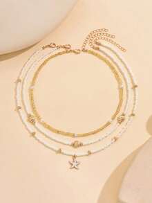 3pcs Set Handmade Bead & Faux Pearl Linked Golden Starfish & Shell Necklace, Minimalist Style Jewelry For Women, Suitable For Daily Wear And Beach Vacation - Multicolor - View 3