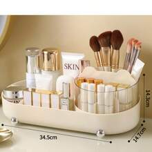 360-Degree Rotating Makeup Brush Holder, Office Pen Cup, Cosmetic Organizer, Rotating Storage Container, Desktop Storage Box, Large-Capacity Organizer With Premium Texture, Rotating Desktop Storage Holder - Transparent Cream-colored Rotating Storage Box - View 5