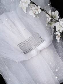 1件闪亮水钻新娘头纱，适合婚礼仪式、婚纱照、登记等场合，指尖长度，配有发梳 - 白色釘珠款 - 查看 13
