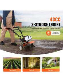 Tiller Cultivator, 43CC 2-Stroke Garden Cultivator, Tiller With 4 Steel Adjustable Front Tines For Lawn, Garden And Field Cultivation,Garden Tools, Gardening Tools For Garden - Orange - View 2