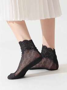 chuanwa（2） 5/10 Pairs Women's Lace Net Stockings, High Quality Vintage Floral Solid Color Sheer Breathable Soft Transparent Mesh Pantyhose - Multicolor - View 5