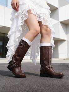 Women's Mid Calf Boots Y2K Rivets Round Toe Chunky Heel Cowboy Boots Vintage Buckle Design Block Heel Boots Women - 棕色 - 查看 8