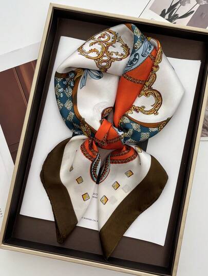 1pc Women's Elegant/Vintage Fashion Printed Thin Style Faux Silk Scarf/Satin Square Scarf, Bandana,Women's Neck Scarf,Shawl