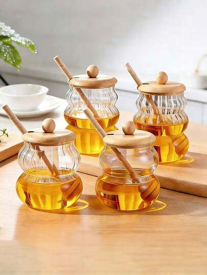 Tarro de miel de vidrio con agitador, tarro de almacenamiento con tapa, botella de miel de borosilicato, tarro de mermelada, recipiente de almacenamiento de cocina