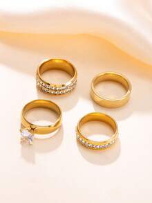 Set de 4 anillos de acero inoxidable con diamante de imitación geométricos de lujo, adecuados para uso diario, fiestas y el Día de San Valentín de las mujeres - Dorado - Ver 3