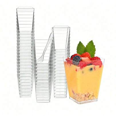 50个/包 5盎司塑料甜点杯，迷你透明方形一次性塑料甜点杯，适用于派对、婚礼、户外活动、酸奶、甜点、开胃菜、水果和布丁