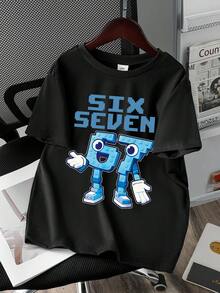 青少年男孩字母卡通图案圆领宽松休闲短袖T恤 - 黑色 - 查看 2