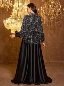 UNITHORSE Women's Mandarin Collar Lantern Sleeve Fitted Shiny Sequin Satin Evening Dress - Black - View 2