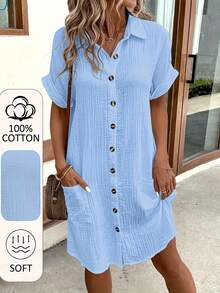 Women's A-Line Dress,% Short Sleeve Button-Front Blouse Shirt Dress, Soft Breathable Casual To Semi-Formal Wear, Washable All-Season Outfit, - 軍綠色 - 查看 7