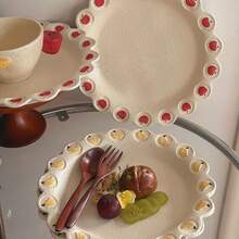 10英寸陶瓷餐盘，2个装，香蕉苹果可爱图案，哑光乡村风格陶器，带边餐盘/牛排盘/沙拉盘/意面盘/盛菜盘，适合家用/节日礼物/返校季，微波炉和洗碗机适用 - 霧面白 - 查看 3