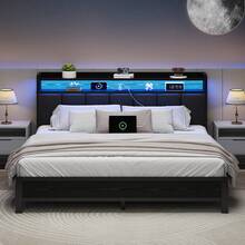 Upholstered Bed Frame With Charging Station, LED Bed Frame With Storage Headboard, Metal Platform Bed Frame With Heavy Duty Metal Slats, No Box Spring Needed, Easy Assembly, Black/ White/ Beige, Twin/ Full/ Queen/ King - 黑色 - 查看 12
