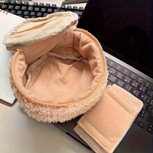 Girly Light Brown Plush Bear Makeup Bag Embroidery Design + Mesh Compartment Portable Travel Daily Storage Bag HHFO WMLE - 小熊頭 - 查看 3