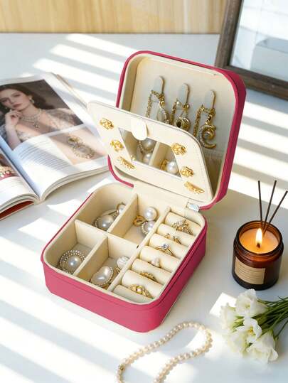 1个带镜子的首饰盒，便携式旅行拉链首饰盒，简约时尚，适合旅行和居家使用，时尚个性化皮革迷你首饰盒，耳环、项链、戒指收纳盒，防尘小巧首饰收纳盒，首饰配件收纳盒和梳妆收纳盒，非常适合存放戒指、吊坠、耳环、领带、手镯等，是送给女朋友、母亲节、情人节、圣诞节、新年、男士和女士的理想礼物。