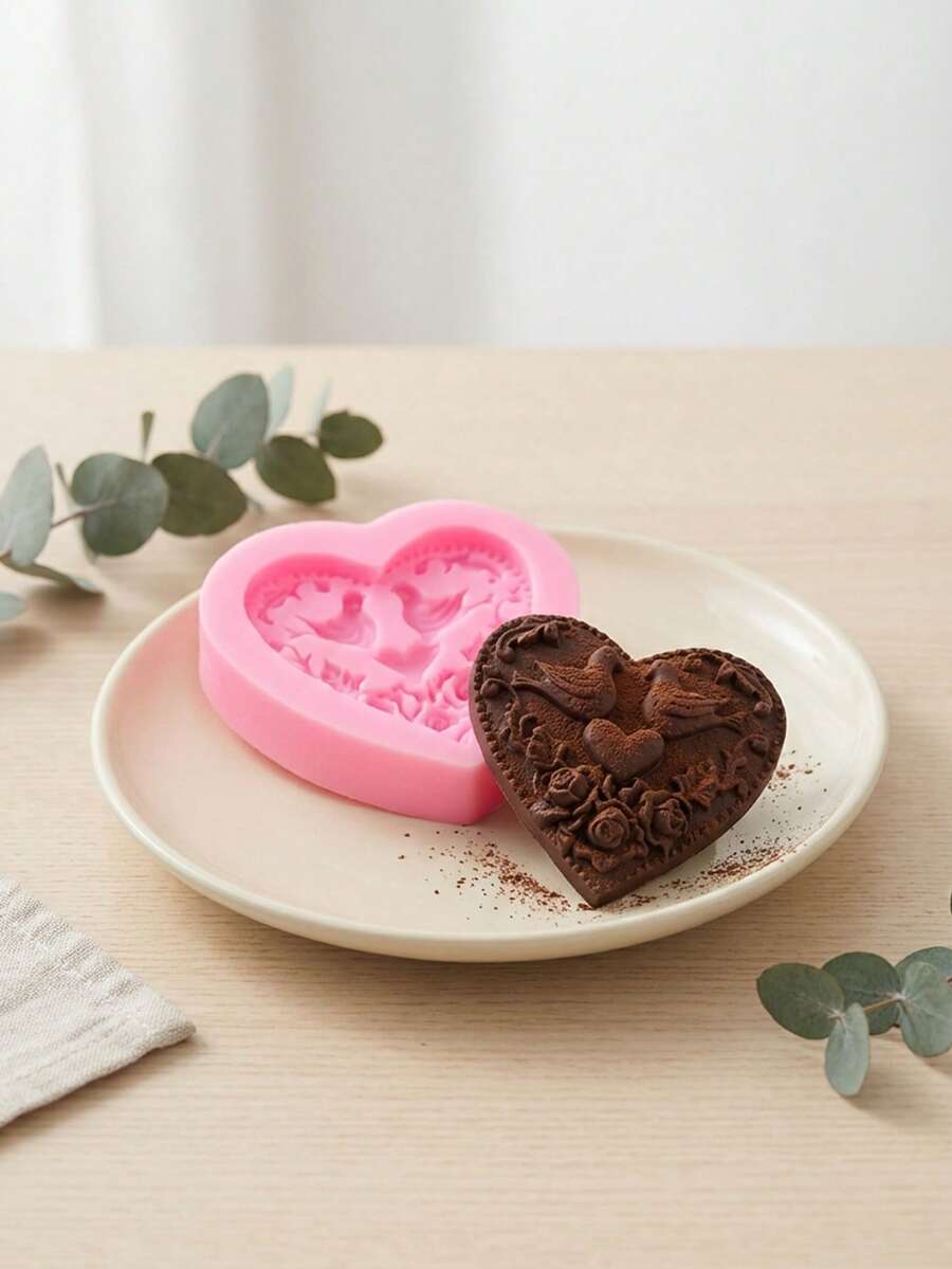 1pc/2pcs Heart-Shaped Chocolate Cookie Mold, Peace Design Silicone Mold, Perfect For Coating With Chocolate Oreos, Cakes, Candies, Puddings And Mini Soaps - Pink - View 1