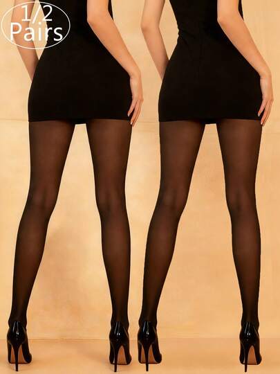 Plus Size Sexy Black Tights 1/2Pairs, Sheer Comfortable & Stretchy Stockings For All-Occasion, Women's Black Tights