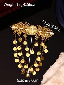 1 Stück elegante Haarspange für Frauen mit geschnitztem Blumenmuster, Metall-Kette & Quasten-Dekor, geeignet für Partys, Hochzeiten, Schmuckzubehör (zufällige Menge an runden Anhänger-Charms) - Verschiedenfarbig - Übersicht 4