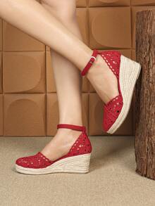 Giày sandal nữ đế xuồng bằng vải lanh, dây thừng, ren, khoét lỗ, mũi tròn, kiểu dáng casual, thoáng khí, gót dày, kiểu sandal ngư dân, đa năng. - Đỏ - Xem 4