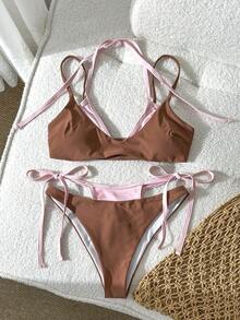 Women's 2-Piece Beach Vacation Swimwear, 2 In 1 Triangle Top Camisole Style, Spaghetti Straps Open Back Tie Hem, Terracotta And Pink Contrast, Cute And Vibrant - Rusty Rose - View 5