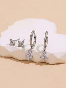 4pcs/Set Elegant Zirconia Flower Earrings Set, Jewelry For Women, Suitable For Dates, Parties, Galas - Silver - View 2