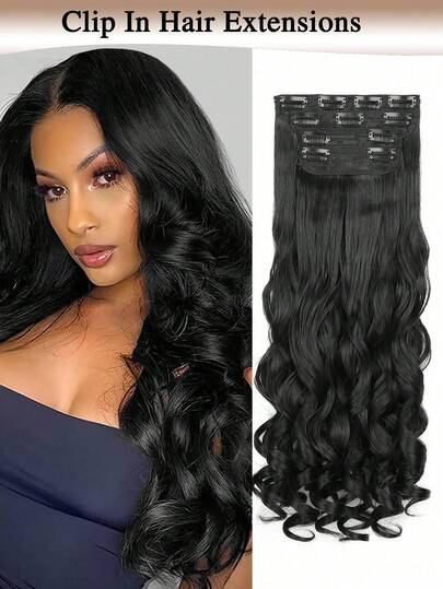 20英寸长波浪卷发夹式接发，采用合成纤维制成，浓密柔软，适合女性日常佩戴。