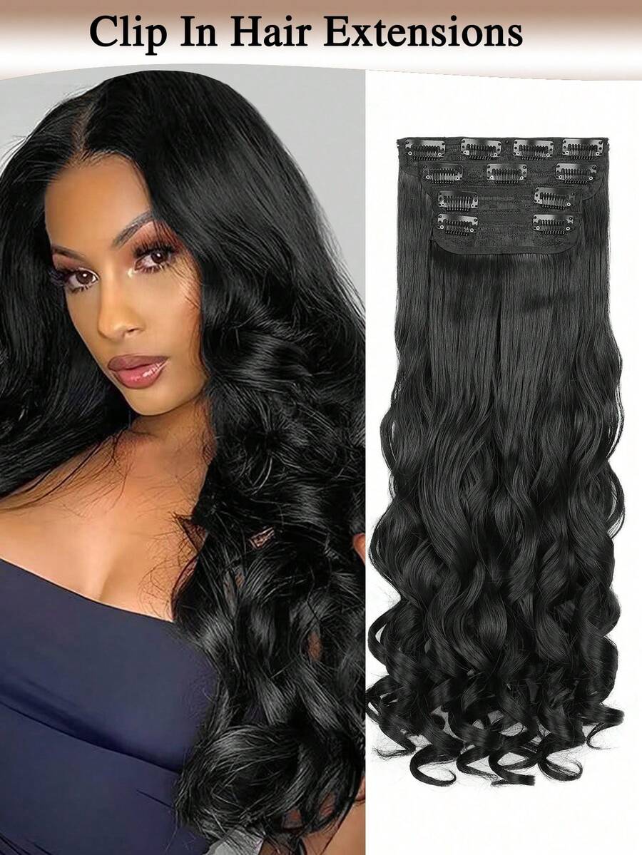 20 Inch Long Wavy Clip-In Hair Extensions, Made Of Synthetic Fiber, Thick And Soft, Suitable For Women's Daily Wear - Black - View 1