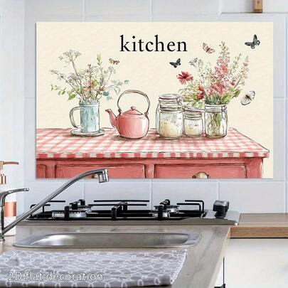 1张2D粉色茶壶图案自粘纸，PVC材质，自带背胶，防油，半哑光，花卉图案。易于使用，经久耐用，品质优良，适用于家居和厨房室内装饰。推荐用于瓷砖表面。