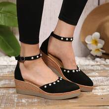 Women's Casual Pearl Pointed Toe Wedge Sandals, Breathable Fabric Upper, High Heel & Cushioned PU Sole, Comfortable Buckle Closure, Fashion Summer Shoes - Black - View 10