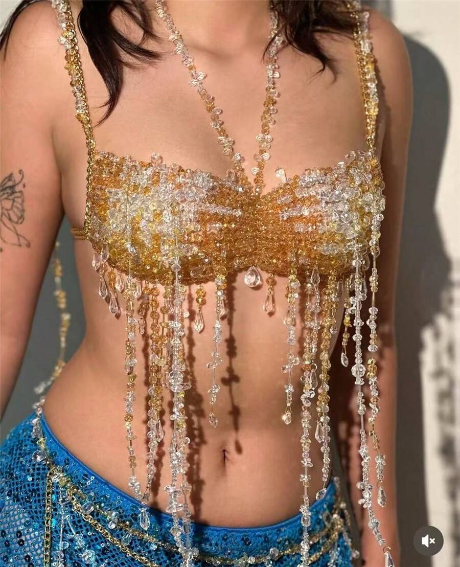 GLOSSMOON Handmade Crystal & Resin Beaded Body Chain - Sparkly Fringe Chest Chain - Boho Beach Rave Outfit Accessories For Women Sunset Mermaid Crystal Body Chain | Iridescent Festival Beaded Bra | Lightweight Resin Party Jewelry - Vàng - Xem 1