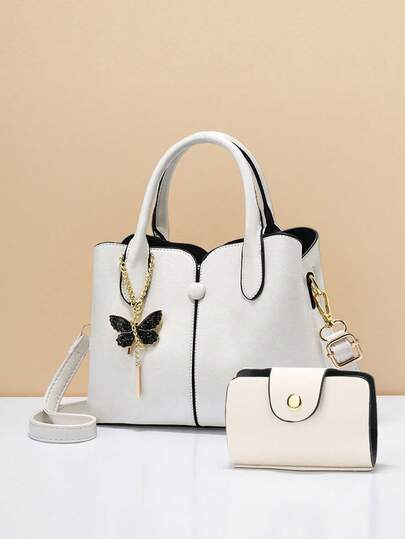 2件套女士手提包，小号托特包，时尚单肩包，拼接迷你包，蝴蝶结装饰方形包