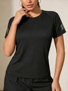 Women's Slim Fit Reflective Running T-Shirt, Quick Dry Raglan Sleeve Athletic Top For Night Jogging - Black - View 2