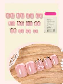 24pcs French Tip Acrylic Press On Nails Short Square Press On Nails Leopard Pattern Decoration 3D Pink Bows Design Minimalist Y2K Style Surface Glossy Full Cover Fake Nails For Women And Girls Daily Wear Nail Supplies - Multicolor - View 2