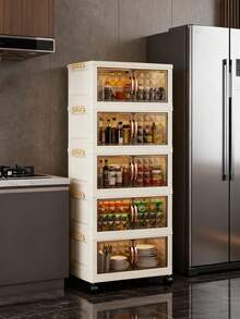 40/50/60cm Wide Foldable Storage Cabinet, 3-5 Tier Double Door Plastic Storage Organizer With Wheels, Toy, Snack, Clothes Storage Rack For Living Room, Home Dust-Proof Shelf, Kitchen Storage Rack, Containers, Oil Bottle, Spice Rack, Refrigerator Organizer, Kitchen Accessories, Draining Rack, Kitchen Cabinet, Home Supplies, Food Container - 彩色 - 查看 3